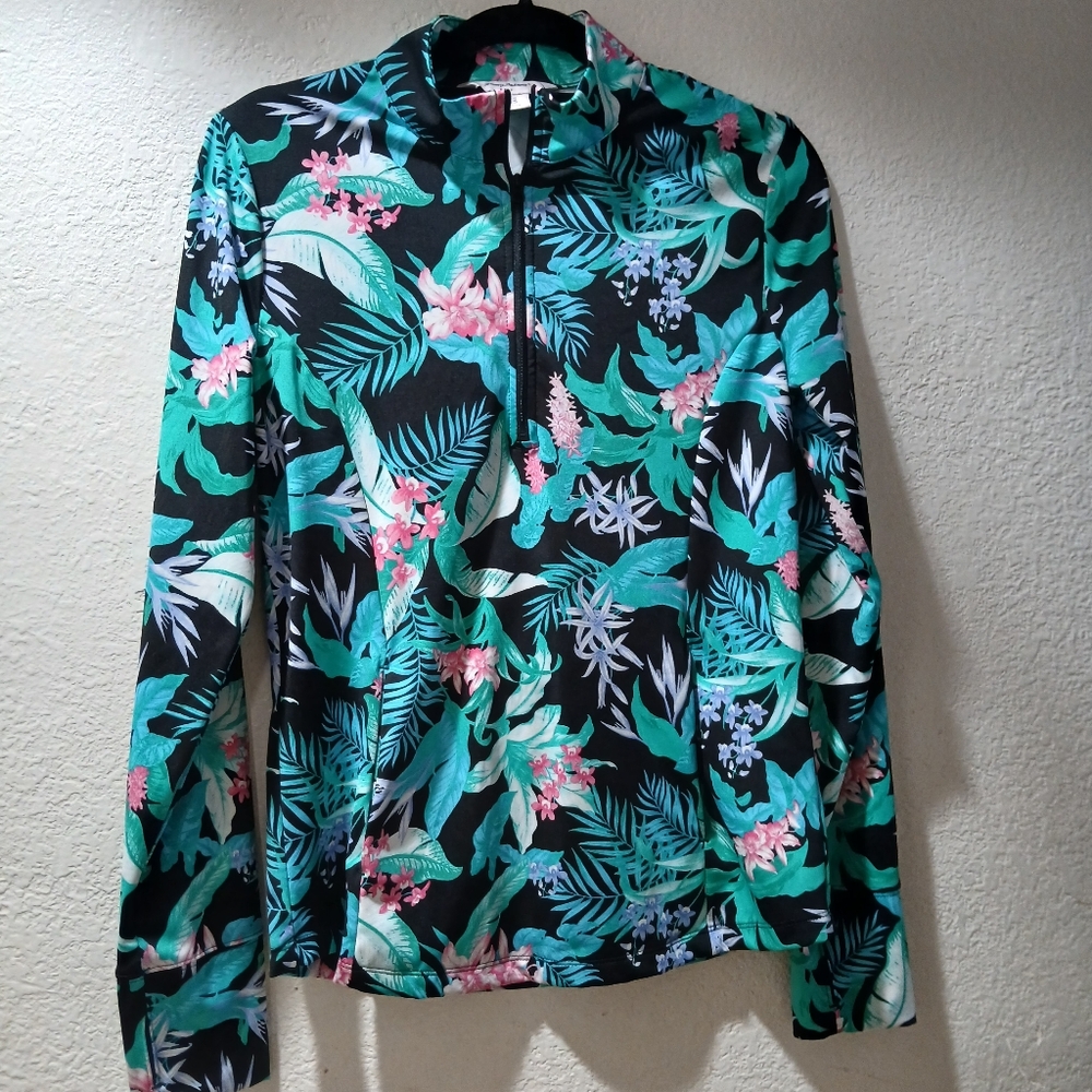 Tommy Bahama Black Pullover with Teal and Pink Tropical Print